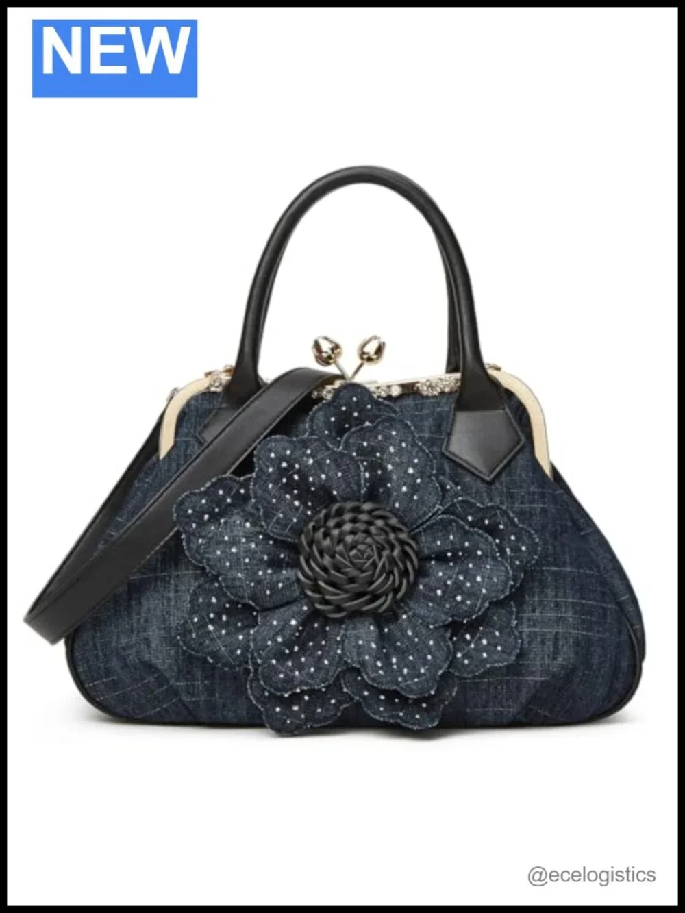 Denim Kiss Lock Tote Handbag Rhinestone Floral Clutch Crossbody Shoulder Bag